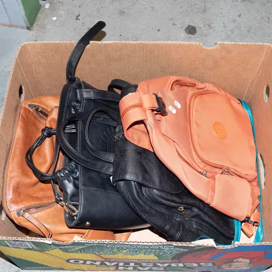 box; various hand bags, small backpack