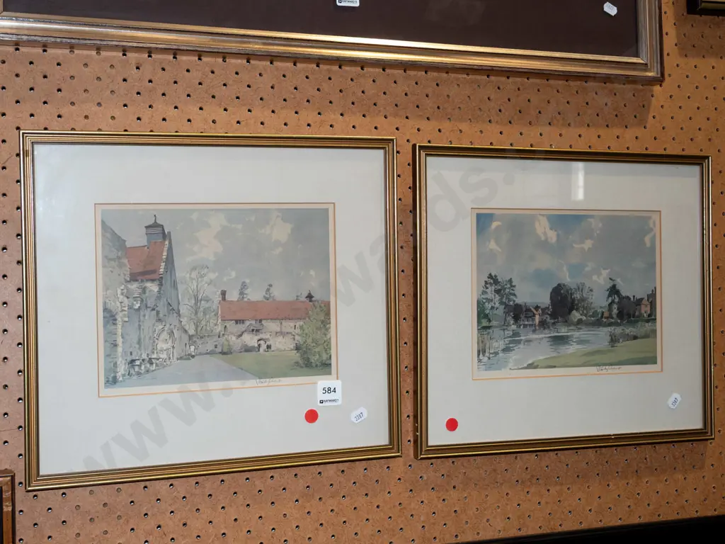 2x framed prints - stone buildings, houses by stream - red dots Image 1++