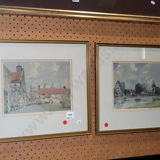 2x framed prints - stone buildings, houses by stream - red dots