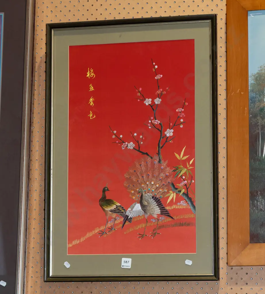 framed Asian needlework - peacocks Image 1++