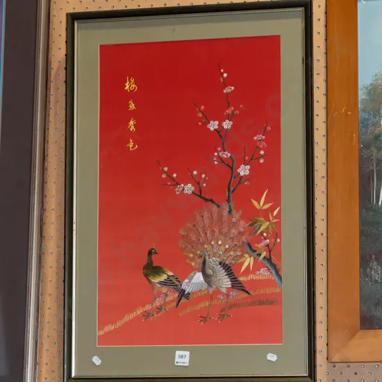 framed Asian needlework - peacocks