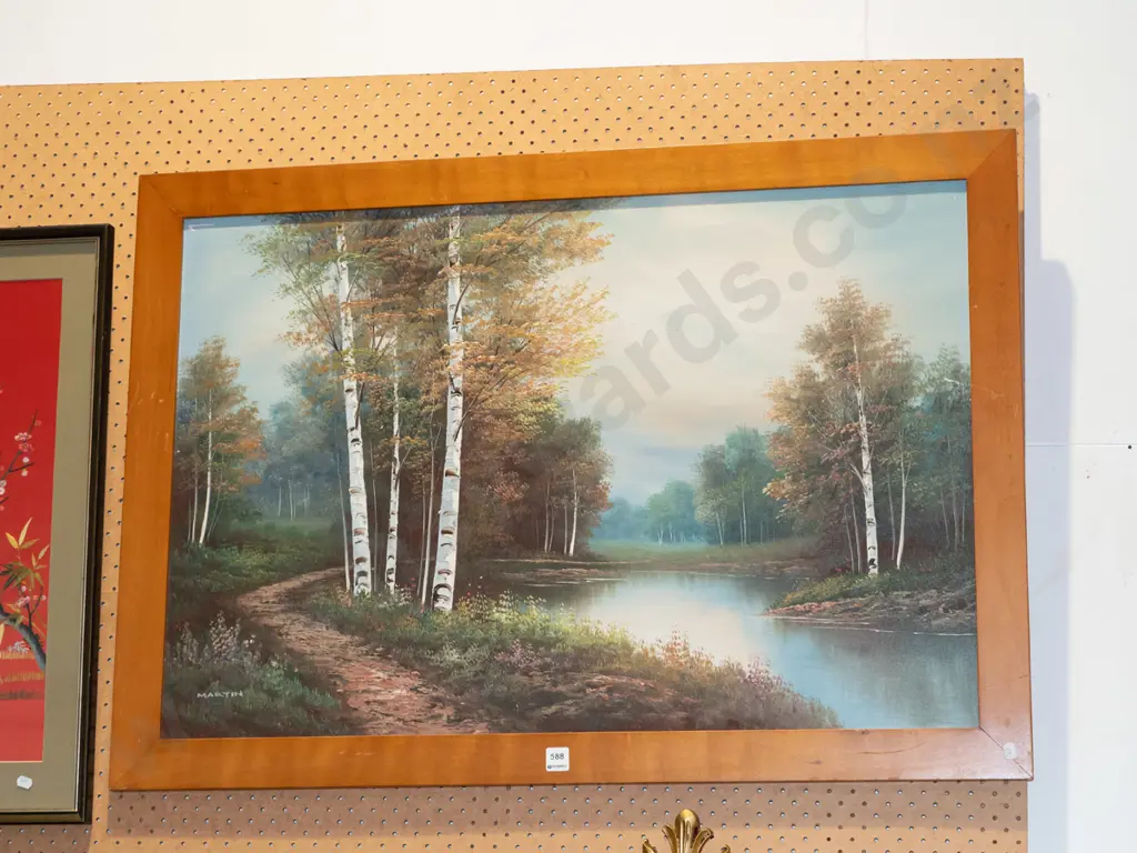 framed oil on canvas - tree and pond scene Image 1++