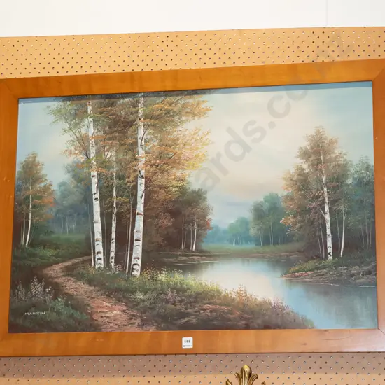 framed oil on canvas - tree and pond scene