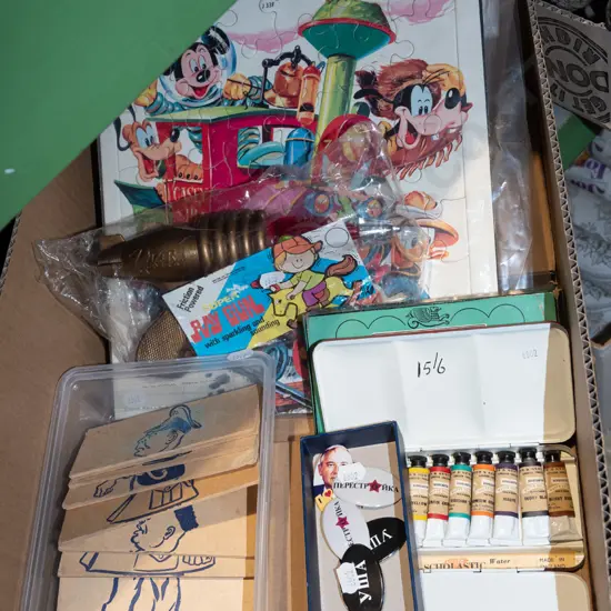 box; puzzles, paints, badges etc