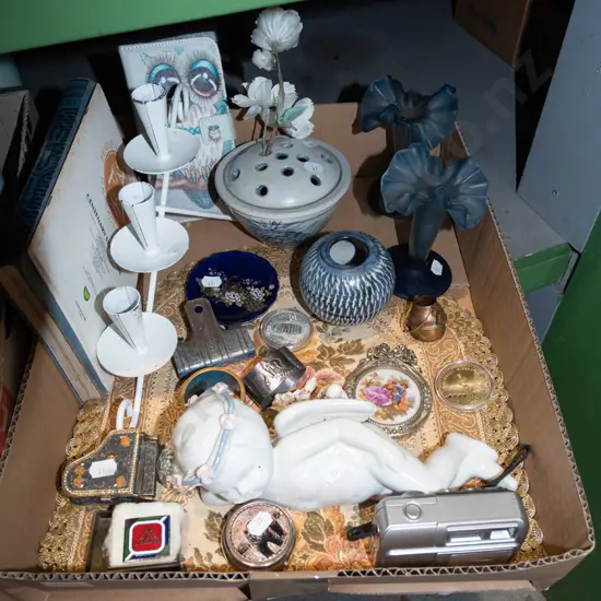 box; cherub figurne, small camera, vases etc