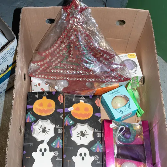 box; bath fizzers, soaps, Xmas decorations etc