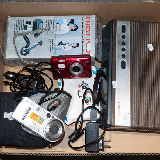 box; digital radio alarm clock, cameras etc