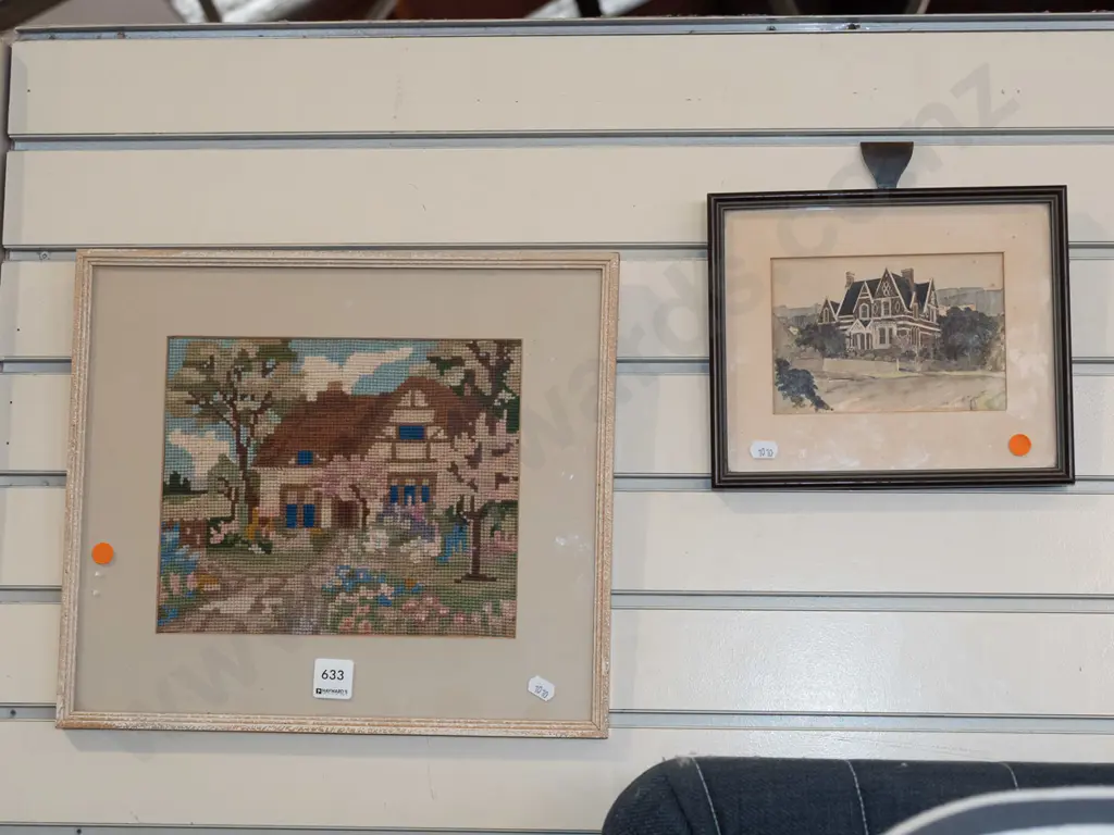 framed needlework, framed watercolour - Lisburn House - significant foxing Image 1++