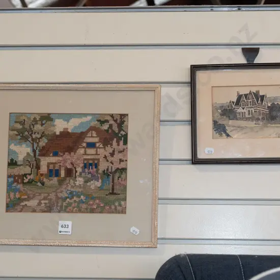 framed needlework, framed watercolour - Lisburn House - significant foxing