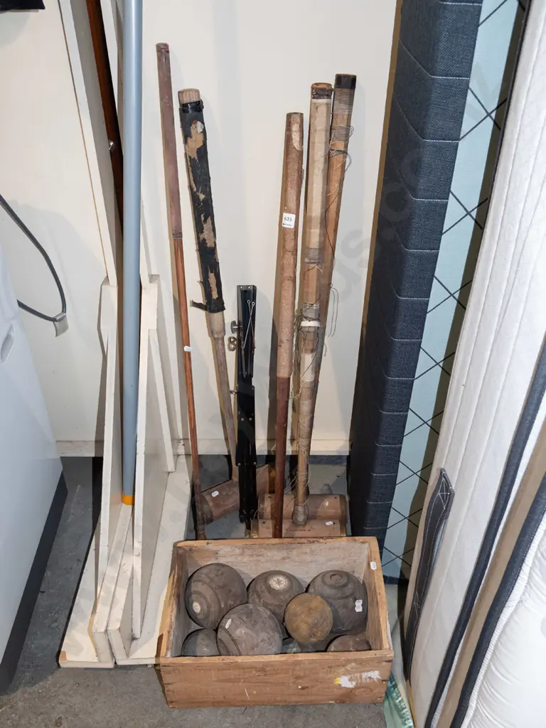vintage wooden lawn bowls, croquet set, music stand, golf club etc Image 1++