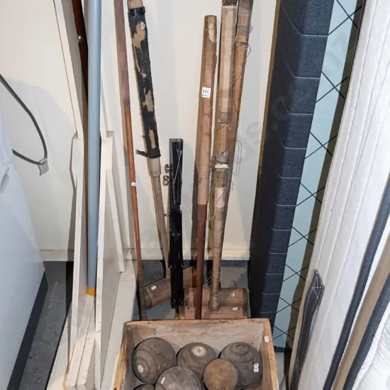 vintage wooden lawn bowls, croquet set, music stand, golf club etc