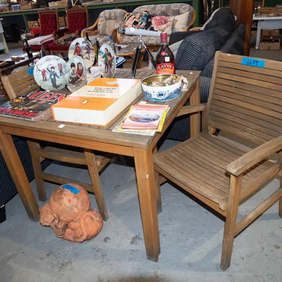 hardwood outdoor table with 2 chiars - varnish needs attention H750 W890 D890