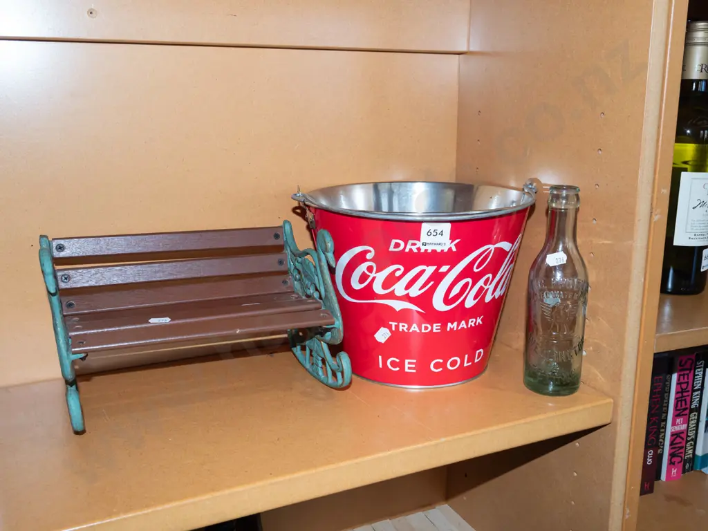 Coca Cola bucket, Wellington Phoenix bottle, dolls bench seat Image 1++
