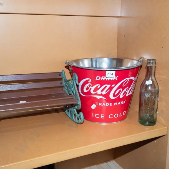 Coca Cola bucket, Wellington Phoenix bottle, dolls bench seat