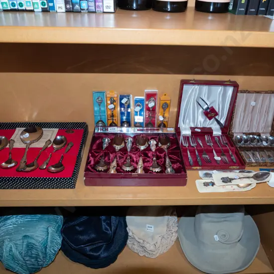 shelf; cased cutlery, souvenir teaspoons