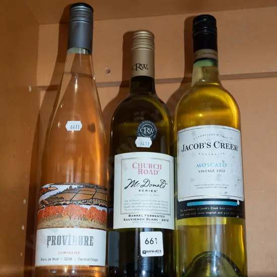 3x wine; Providore 2018, Church Road 2019, Jacobs Creek moscatto 2012