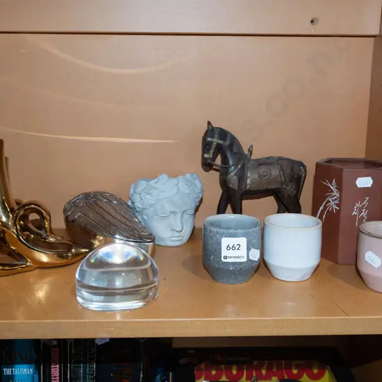 shelf; wing storage canister, small cups, horse figurines etc