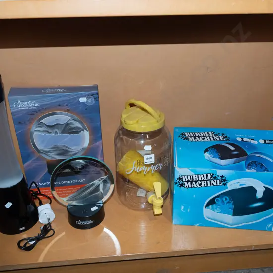 lava lamp, LED sandscape desk art, drinks dispenser etc