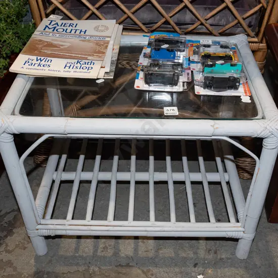 poorly painted glass top bamboo end table