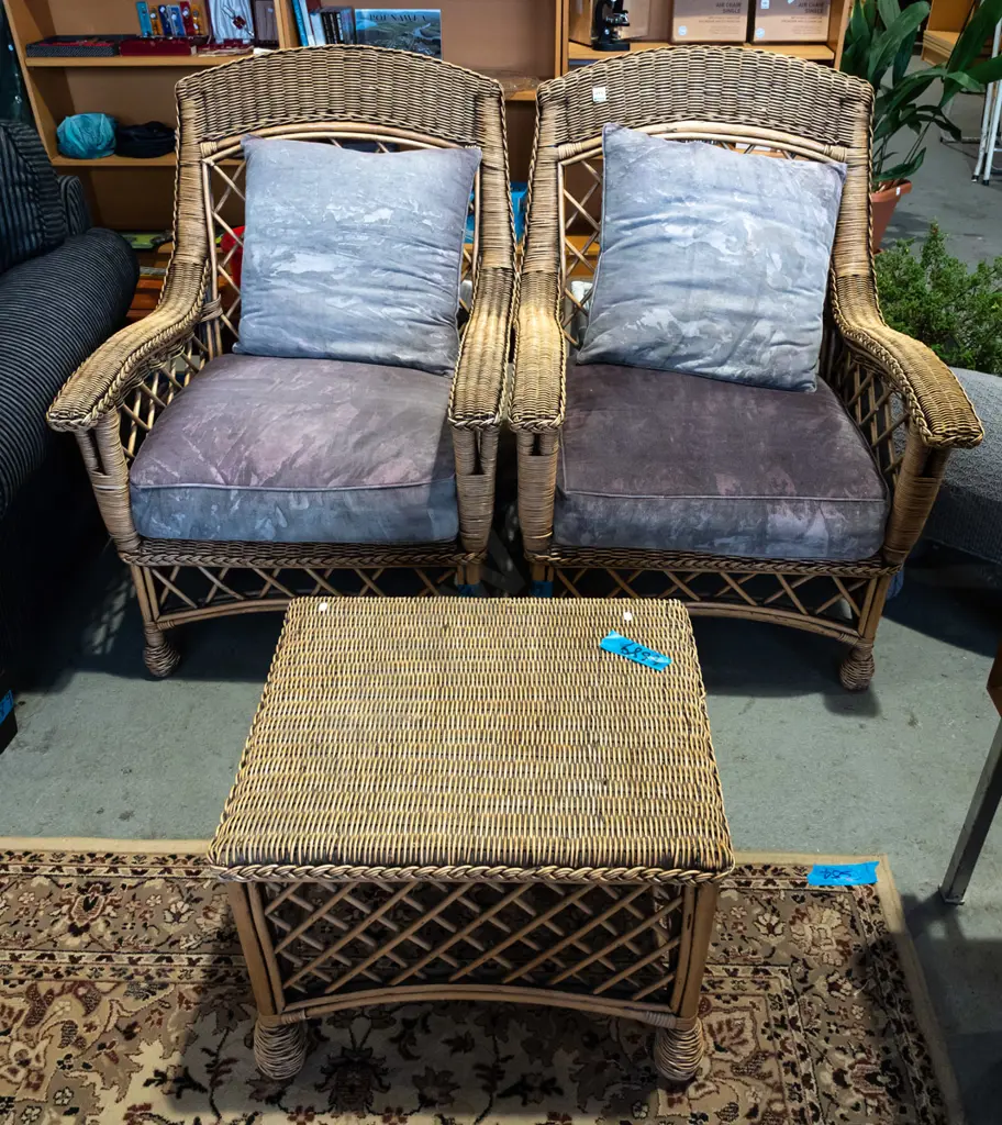 cane 3 piece suite - 2 chairs, coffee table and matching cushions - fading to cushions Image 1++