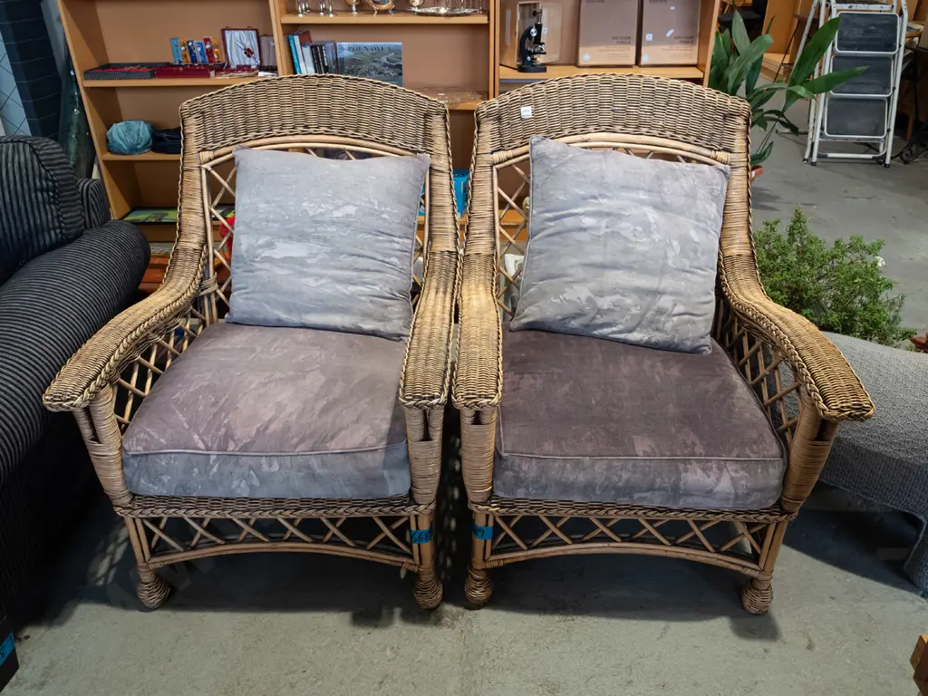 cane 3 piece suite - 2 chairs, coffee table and matching cushions - fading to cushions Image 1++