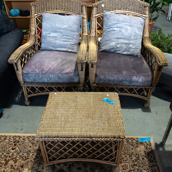 cane 3 piece suite - 2 chairs, coffee table and matching cushions - fading to cushions