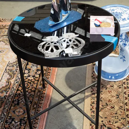 black metal and black glass top circular end table H47 Diam450