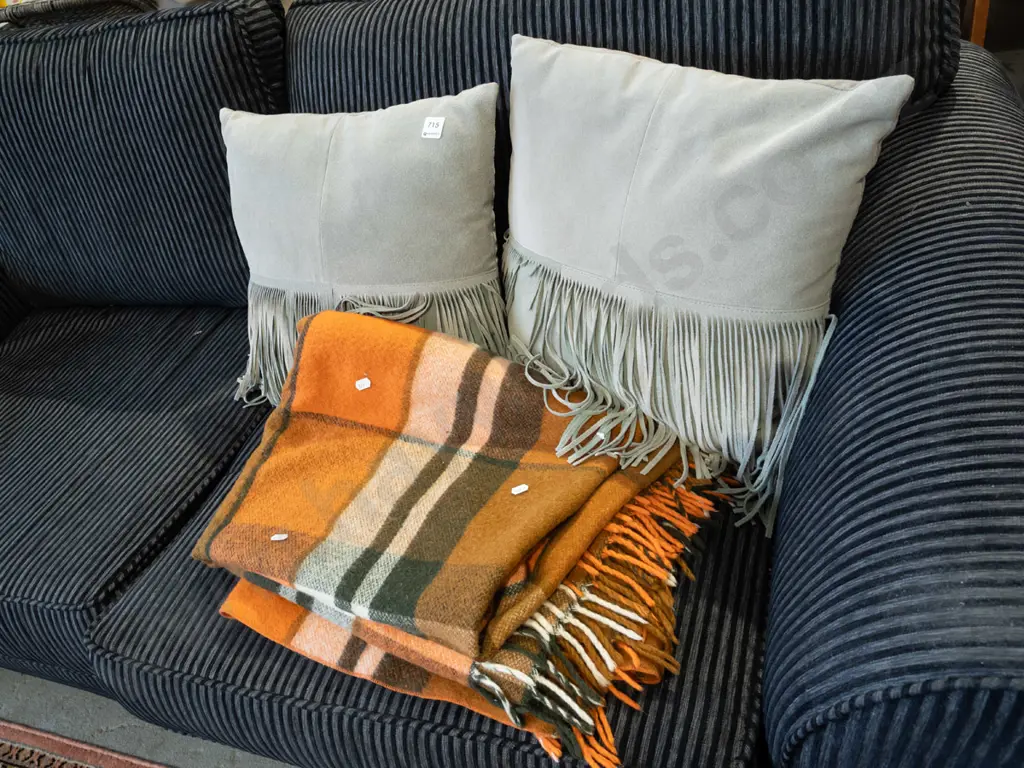 2x suede tasselled cushions, orange woollen blanket Image 1++