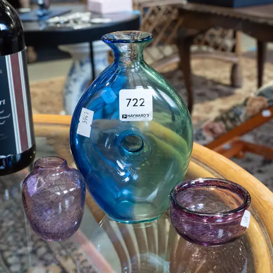 blue and green glasss vase , amber glass bowl and vase Tallest H160