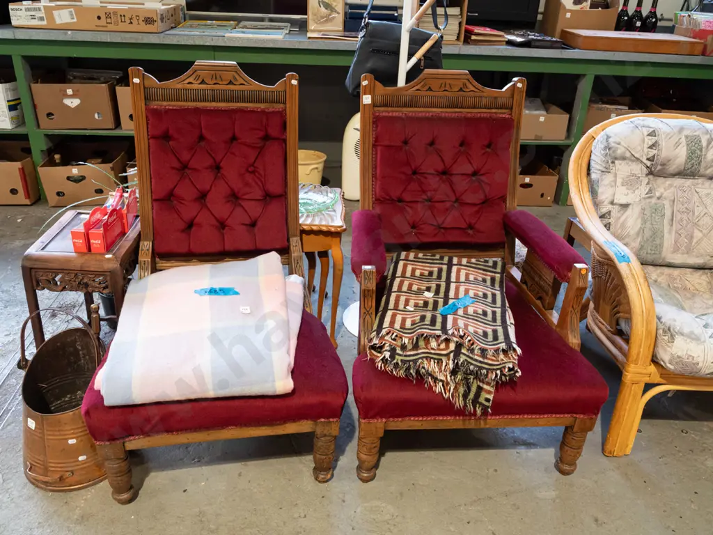 pair of his and hers Victorian deep buttoned fireside chairs - signs of borer to 1 chair, 1 loose button Image 1++