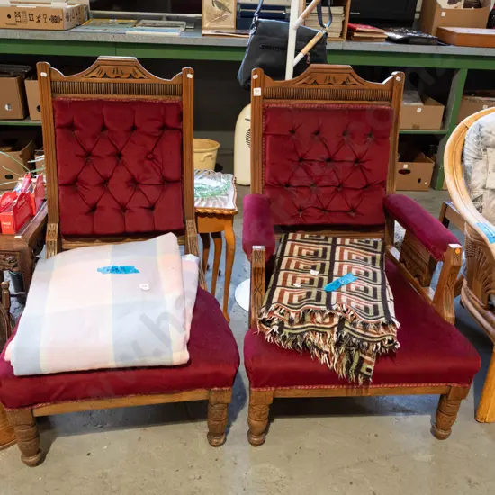 pair of his and hers Victorian deep buttoned fireside chairs - signs of borer to 1 chair, 1 loose button
