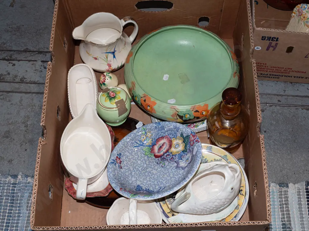 box; amber glass decanter, floral bowl, plates, jugs etc (some chips & damage) Image 1++
