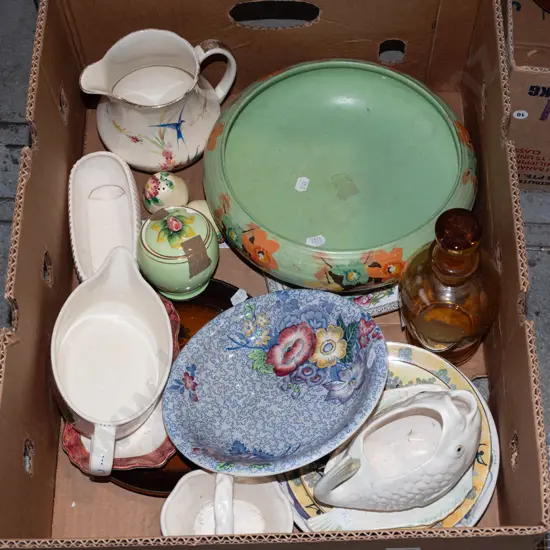 box; amber glass decanter, floral bowl, plates, jugs etc (some chips & damage)