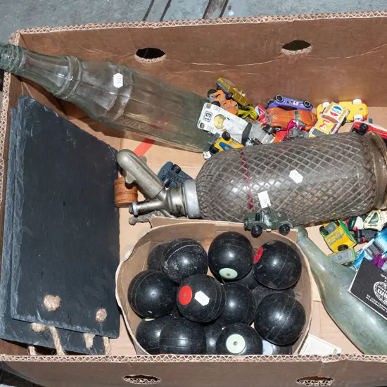 box; torpedo bottle, soda syphon, toy vehicles etc
