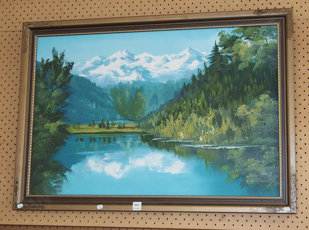 framed oil on board - lake and mountain scene Image 1++