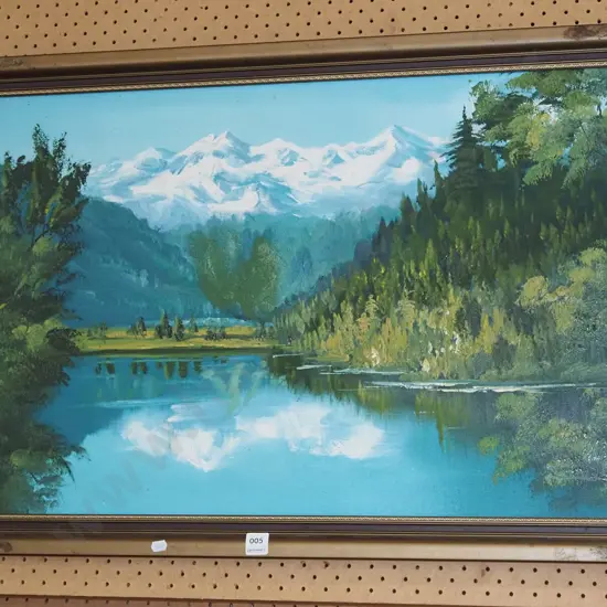 framed oil on board - lake and mountain scene