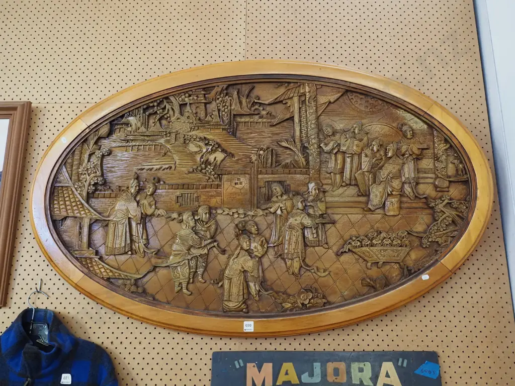 heavily carved wooden panel depicting Asian garden scene - was top of coffee table H760 W1250 Image 1++