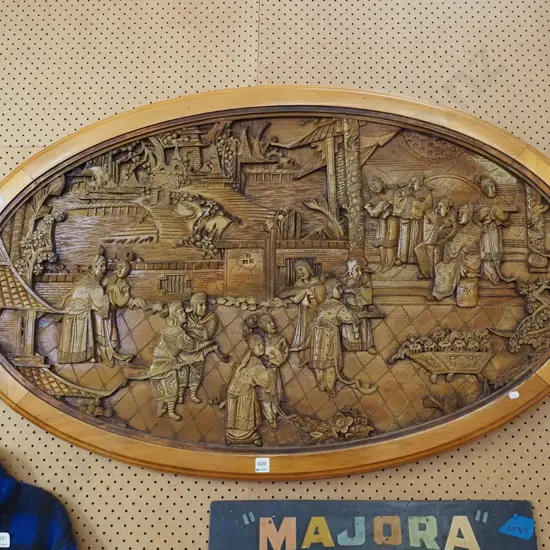 heavily carved wooden panel depicting Asian garden scene - was top of coffee table H760 W1250