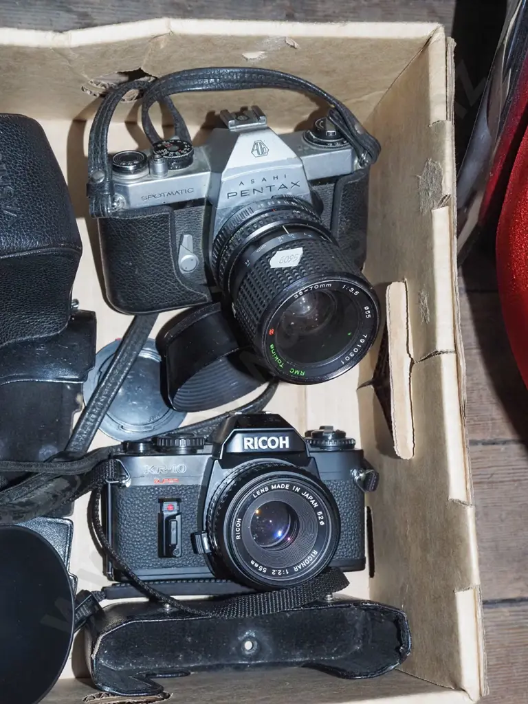 box; Pentax and Ricoh 35mm cameras, camera bag, lenses, filters, flash etc Image 1++