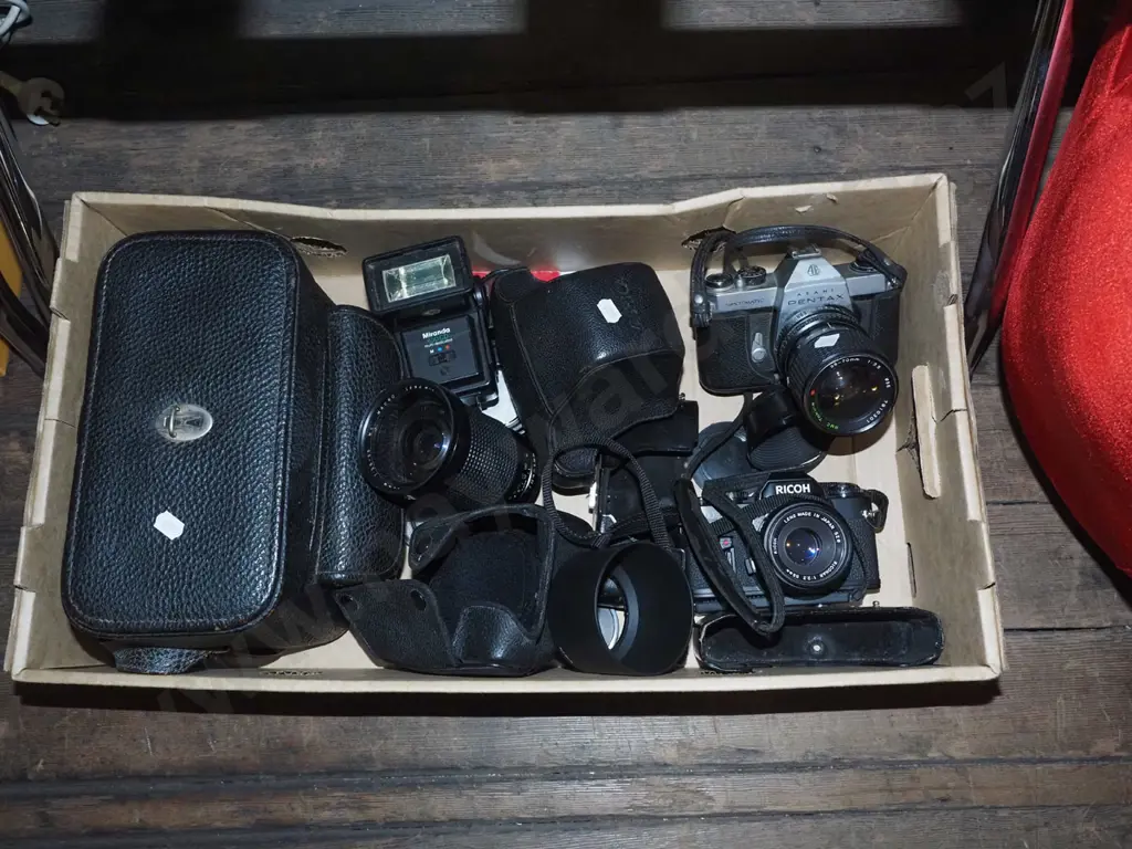 box; Pentax and Ricoh 35mm cameras, camera bag, lenses, filters, flash etc Image 1++