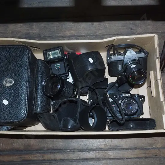 box; Pentax and Ricoh 35mm cameras, camera bag, lenses, filters, flash etc
