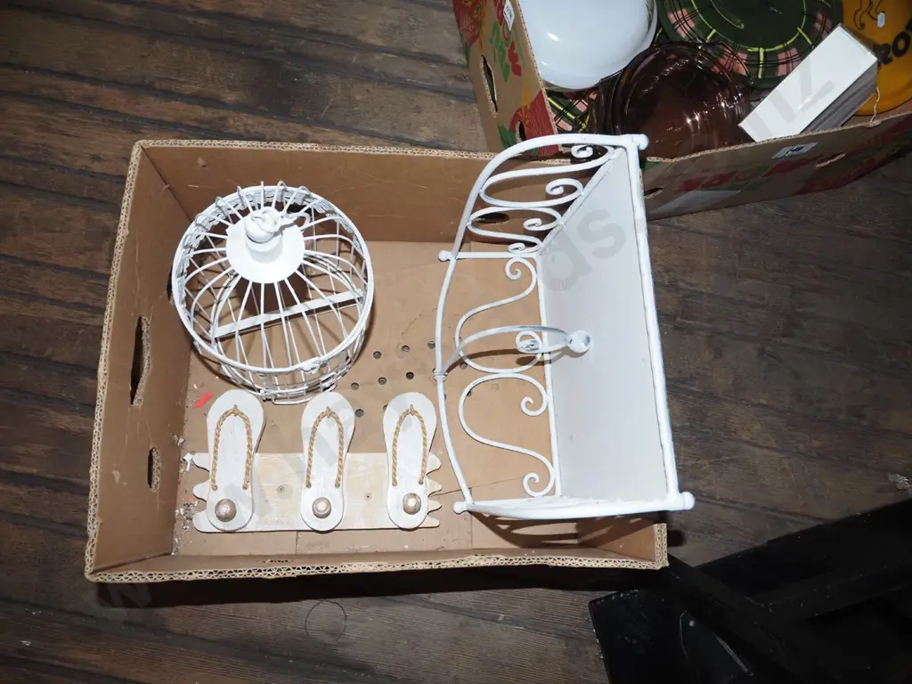box; bird cage, jandal themed wooden wall hooks, large wrought metal paper towel holder Image 1++
