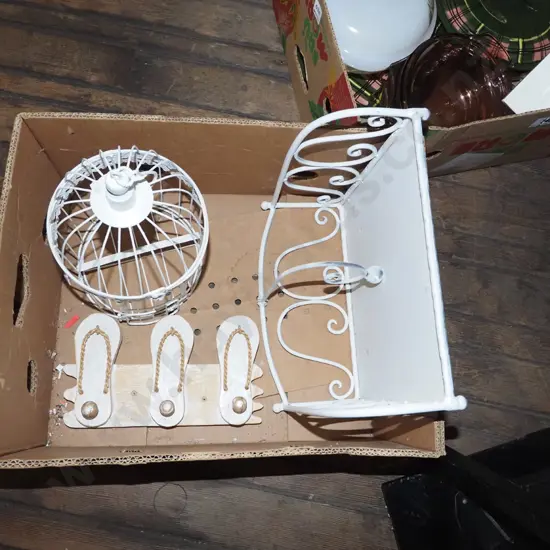 box; bird cage, jandal themed wooden wall hooks, large wrought metal paper towel holder