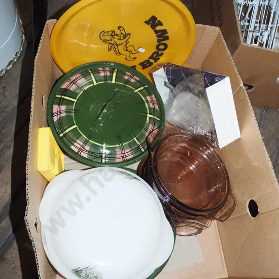 box; pyrex baking ware, lidded casserole, Lion Brown tray etc
