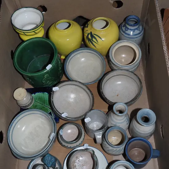 box; pottery bowls, ginger jars, coffee cups etc
