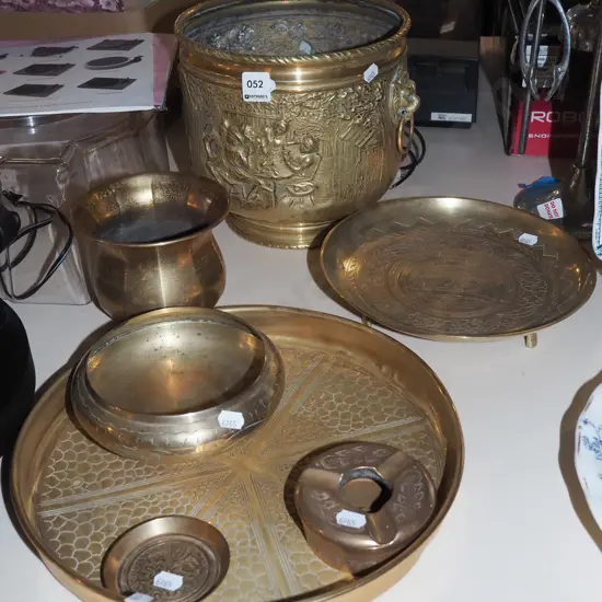 brass ware; jardiniere, footed bowl, tray etc