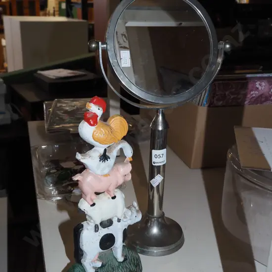shaving mirror on stand, cast iron animal totem pole, door stop Mirror H41