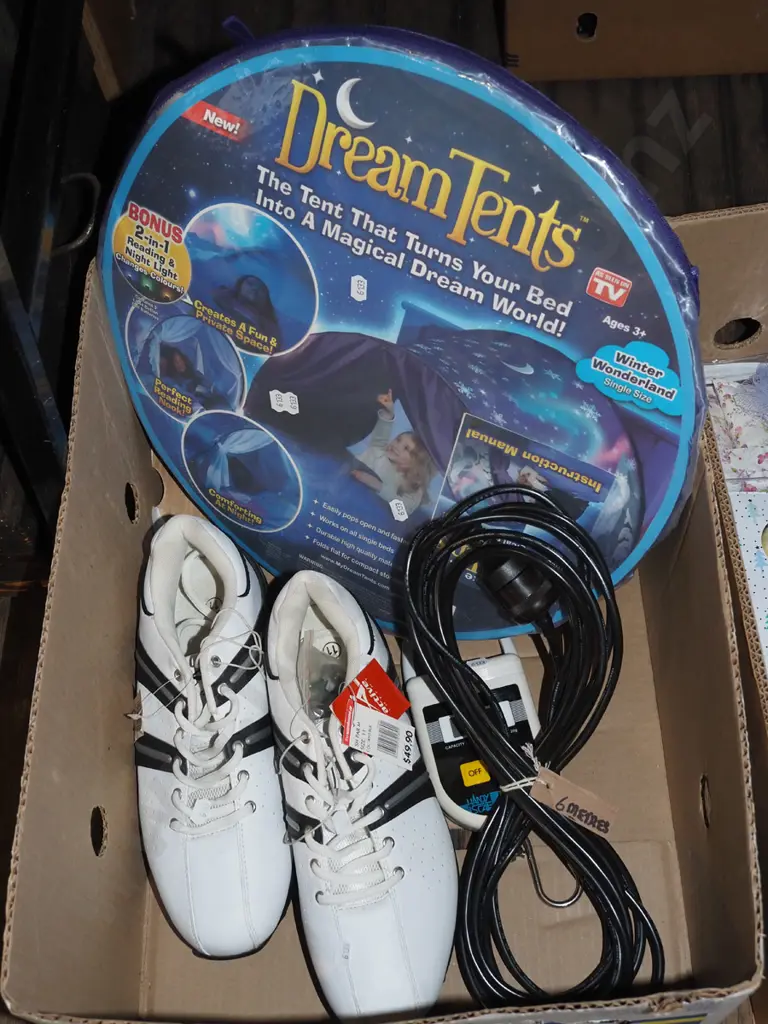 box; size 11 golf shoes, Dream tent, scales, extension cord Image 1++