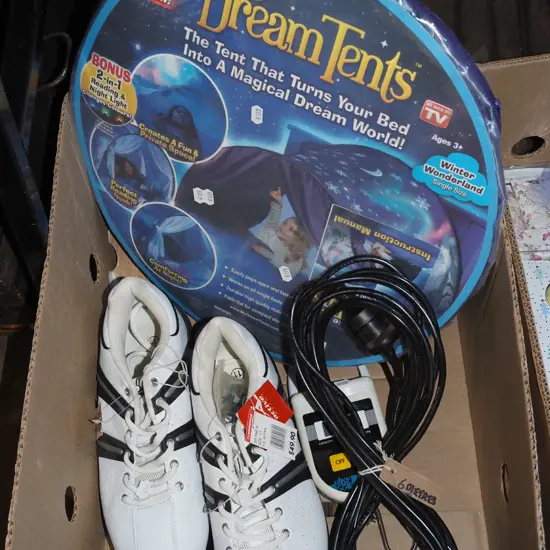 box; size 11 golf shoes, Dream tent, scales, extension cord
