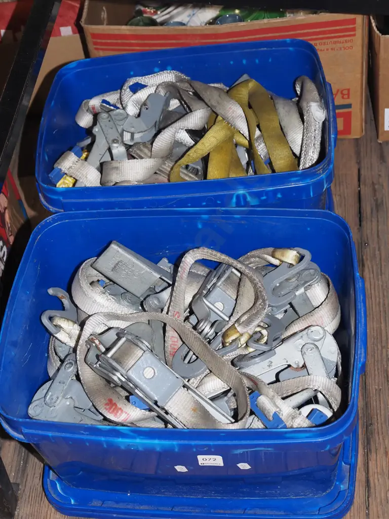 2x blue plastic lidded tubs of load strops Image 1++